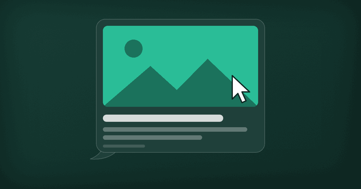 The share image as it shows in a Facebook preview: a chat bubble holding a link preview, with a cursor about to click.